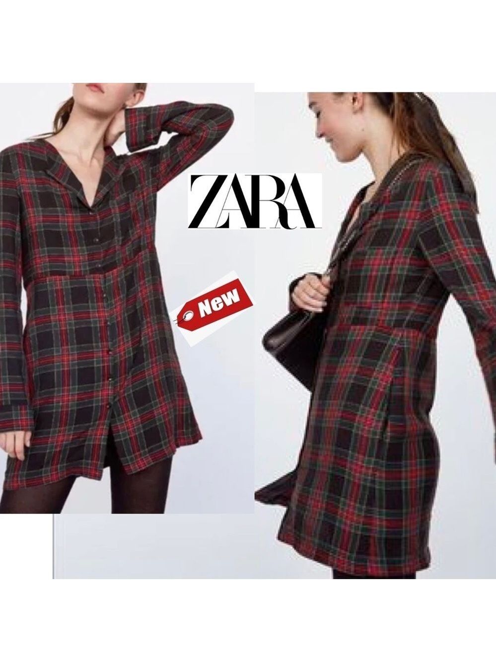 ZARA Trafaluc red green black Plaid check tartan Shirt dress Sz XS NWT